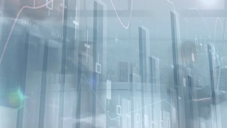 animation of financial data processing over diverse business people walking in modern office