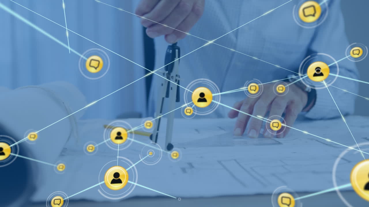 animación de la red de conexiones sobre arquitecto biracial en la oficina