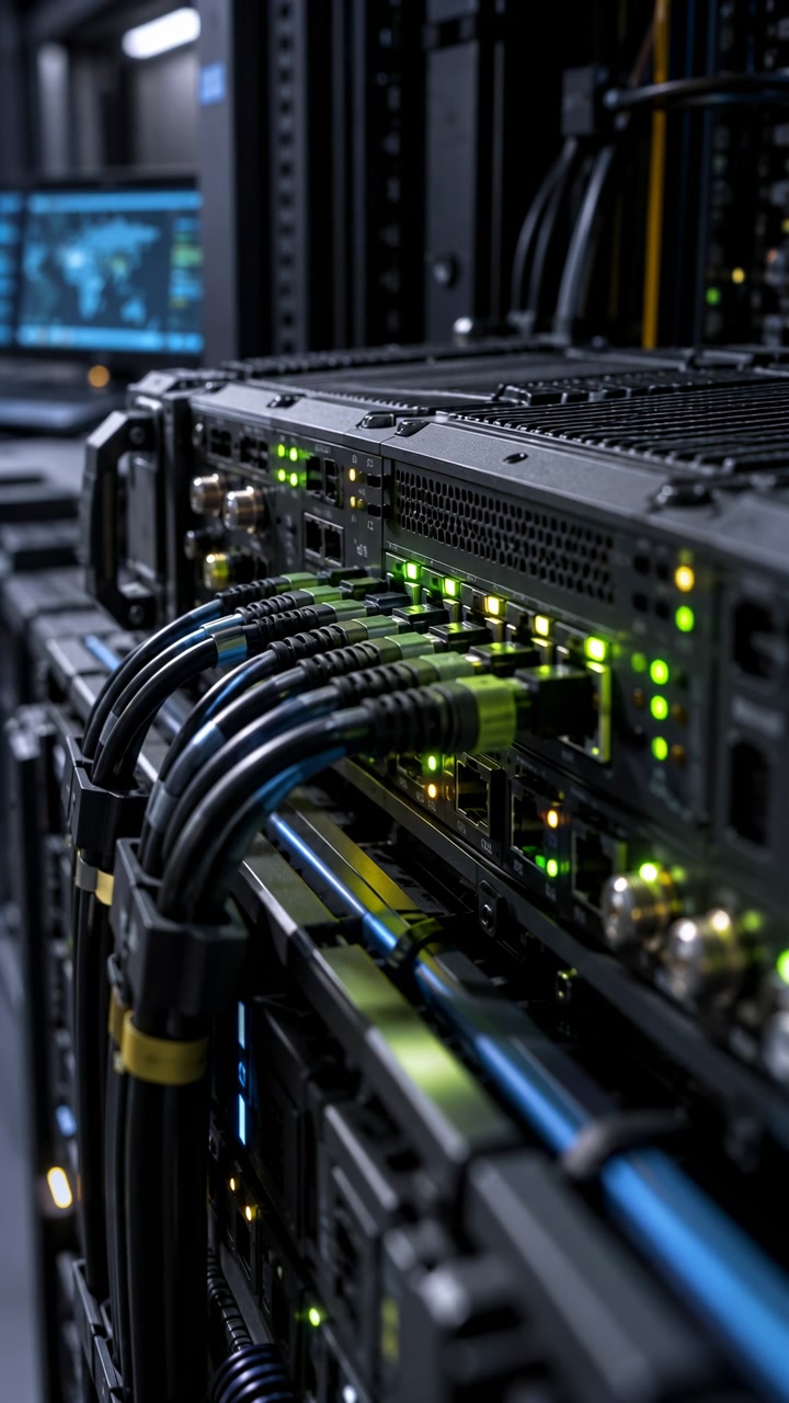 Close-up view holds on densely cabled server hardware as status lights change between green and amber, revealing metal vents, ports, bundled wiring, and shallow-focus equipment racks.