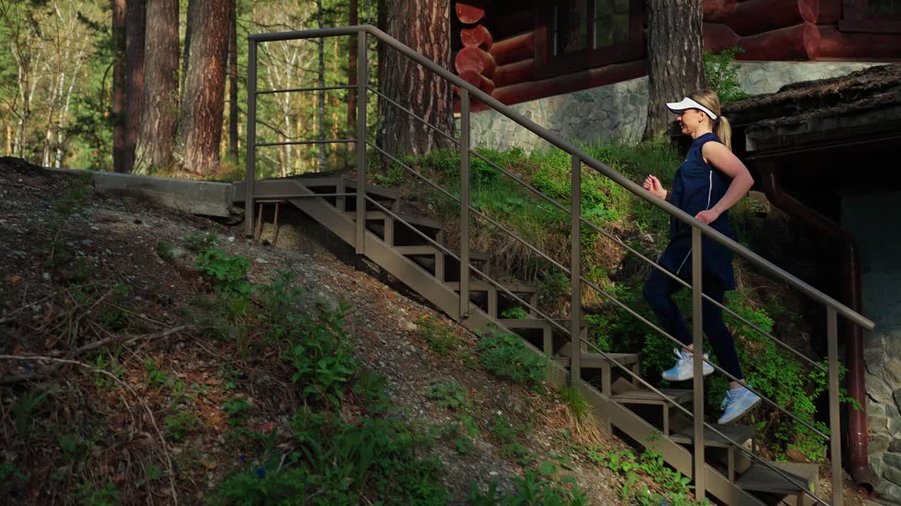 Woman Running Up Stairs in a Forest