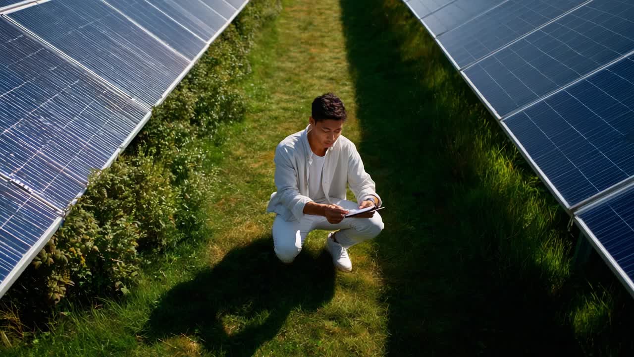 A young individual crouches amidst rows of solar panels, engaged in checking data on a digital device while surrounded by green grass and bright sunlight, illustrating the fusion of technology and sustainable energy