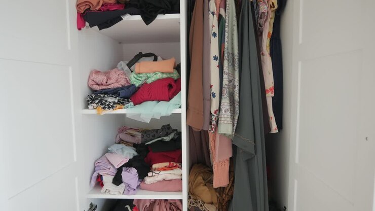 Armadio organizzato con vestiti piegati e appesi