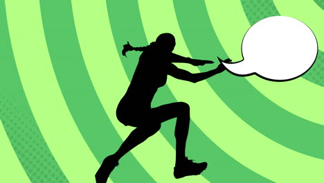 animación de la silueta de la deportista con burbuja de habla sobre formas en fondo verde.
