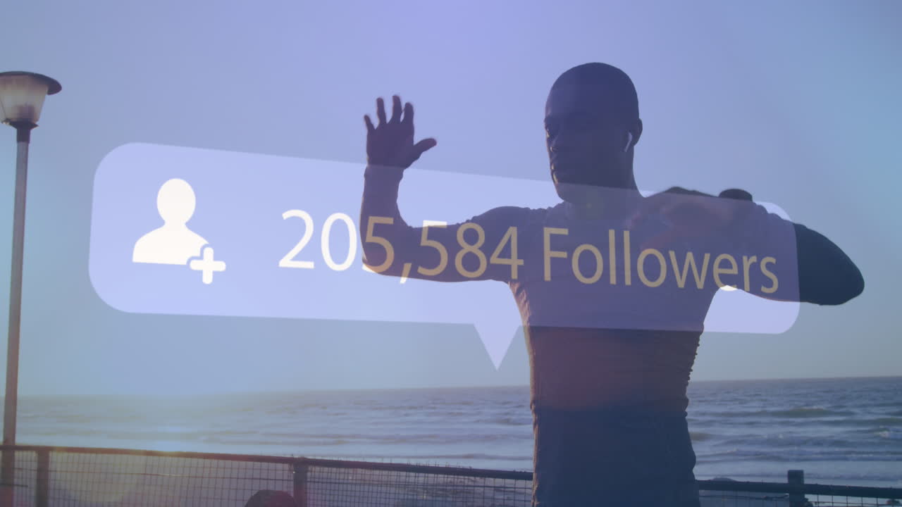 Speech bubble with increasing followers against african american fit man stretching