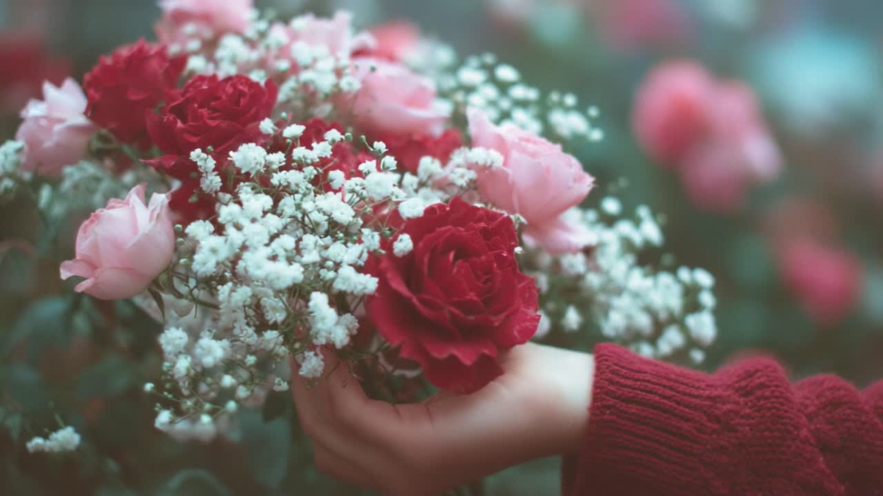 A Beautiful Bouquet of Red and Pink Roses Enhanced by Delicate Baby's Breath, Perfect for Celebrating Love and Special Moments