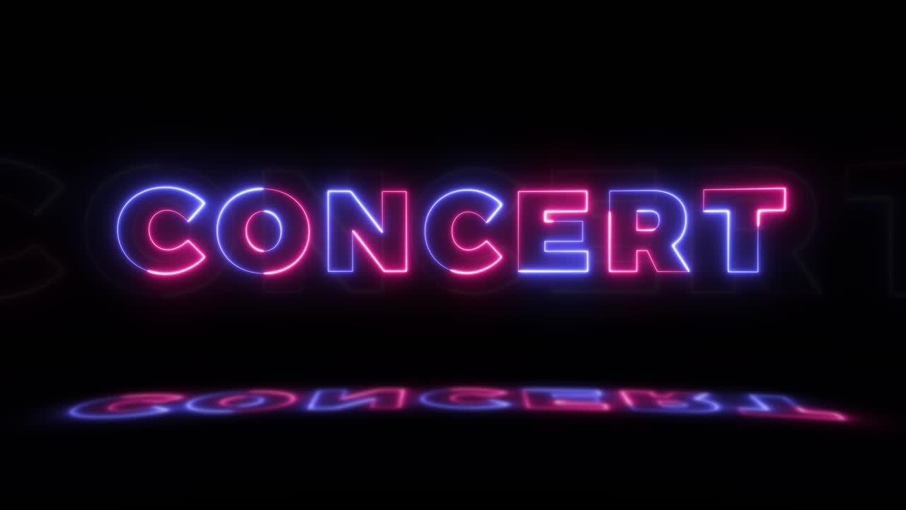 neón brillante palabra 'concierto' en un fondo negro con reflejos en un piso. signos de brillo de neón en gráfico de movimiento de bucle sin costuras