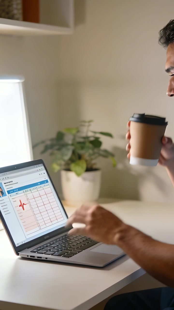 Vertical video: Man in scrubs typing on laptop ECG at desk, reaching for cup, sipping, copy space