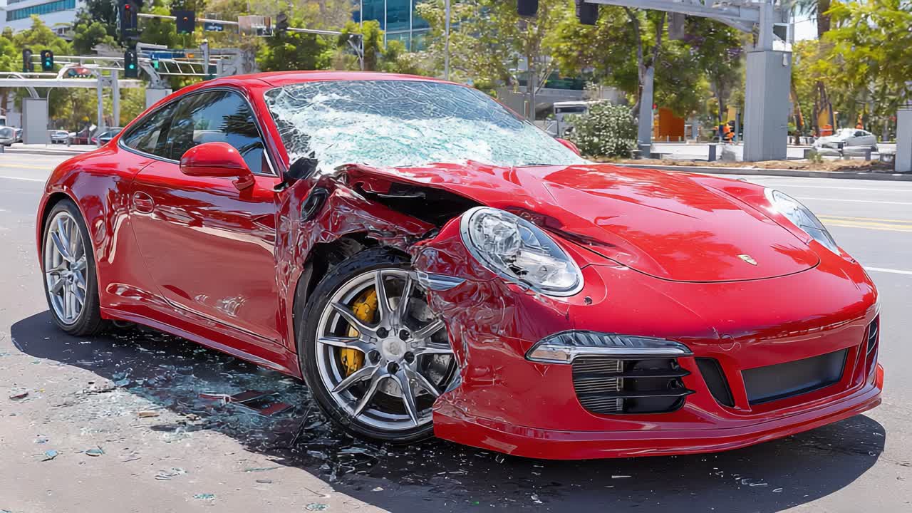 Severely Damaged Red Sports Car After Collision Displaying Crushed Front and Shattered Windshield in Urban Environment