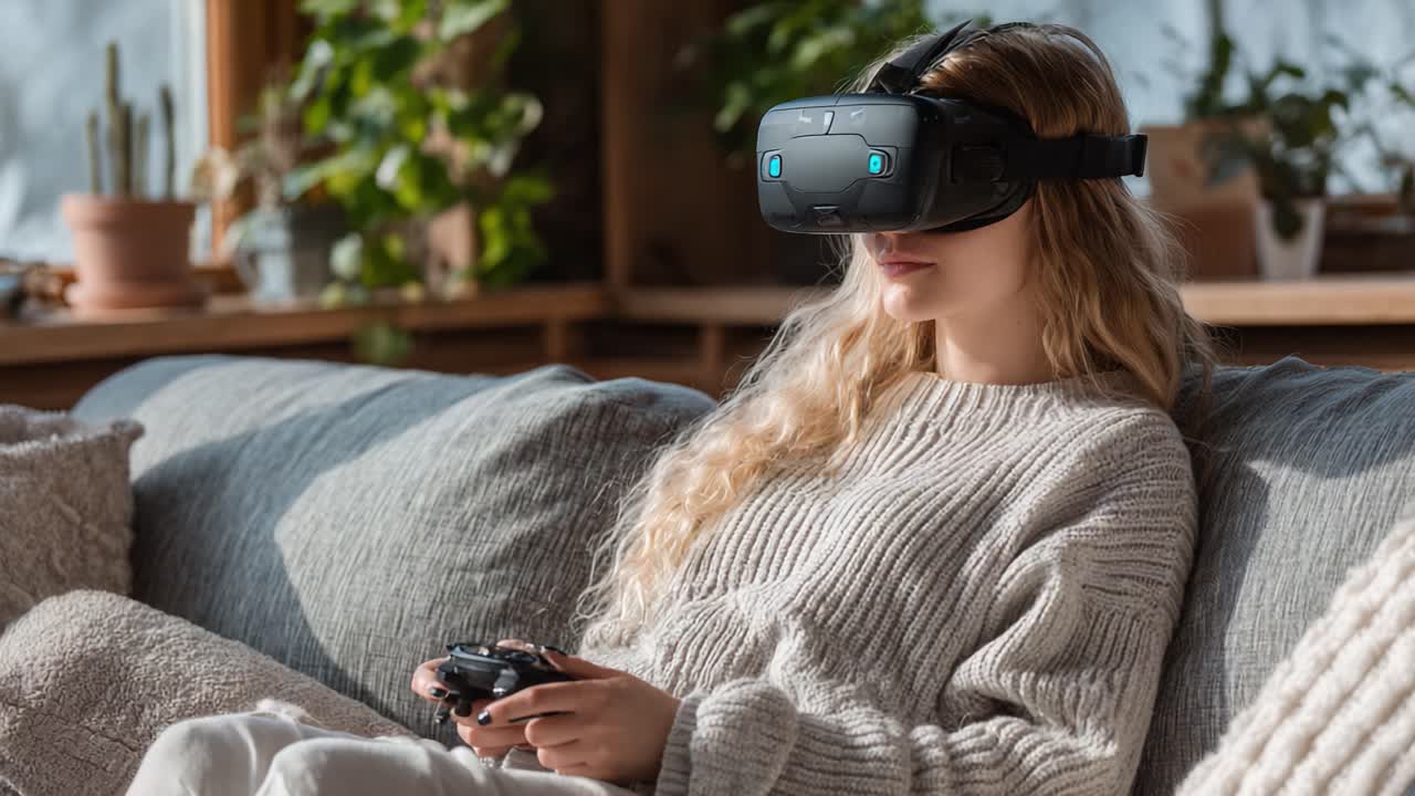 Esperienza di gioco coinvolgente: una persona giovane si gode la realtà virtuale mentre si rilassa su un comodo divano immerso nella natura