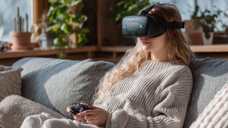 Esperienza di gioco coinvolgente: una persona giovane si gode la realtà virtuale mentre si rilassa su un comodo divano immerso nella natura