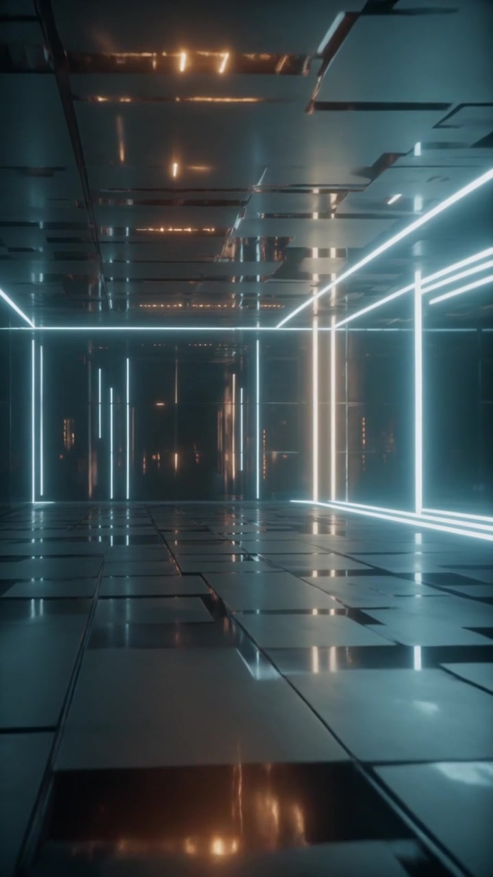 Sci-fi data room with glossy reflective tile floor and cyan neon frame lights