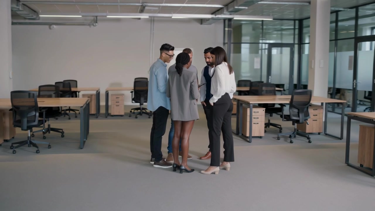 Gathering five coworkers in business casual around smartphone at office, responding to notification