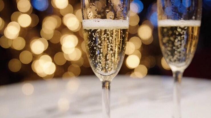 Brindisi celebrativo: champagne frizzante in eleganti flûte su uno sfondo scintillante di luci festive, catturando l'essenza di momenti gioiosi e occasioni speciali