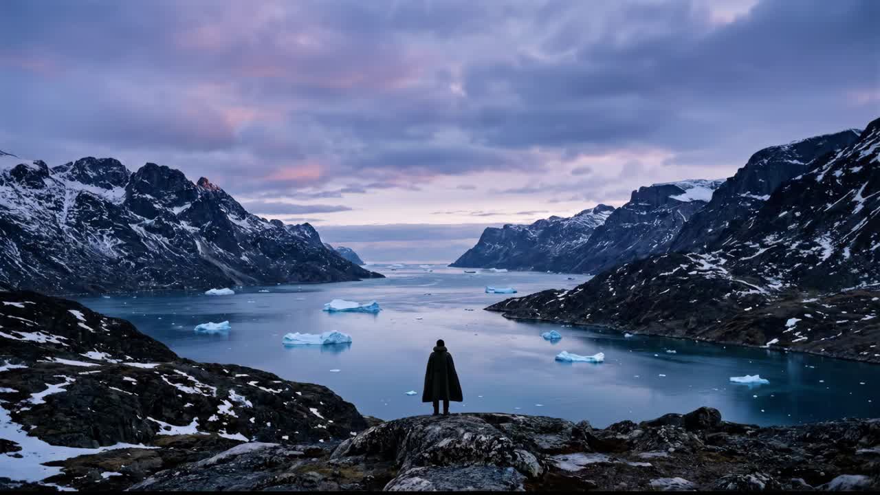 Pessoa contemplando uma vasta paisagem ártica com icebergs