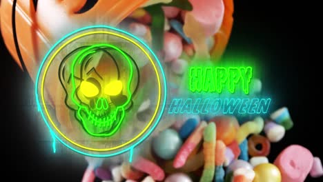 animation of neon halloween greetings and skull over candies on black background