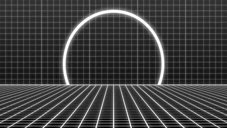 glowing arc animation over grid background with black and white lines