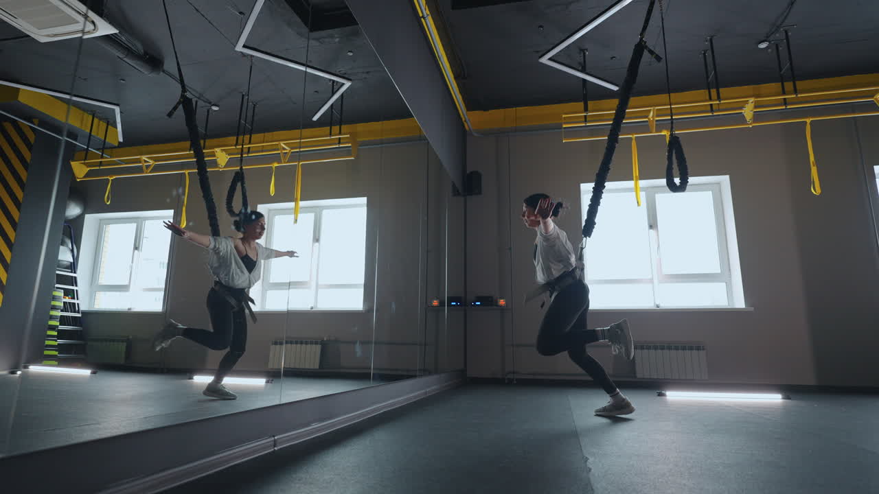 현대적인 trx 시스템으로 체육관에서 스포츠 훈련 근육을 긴장시키는 총 저항 운동