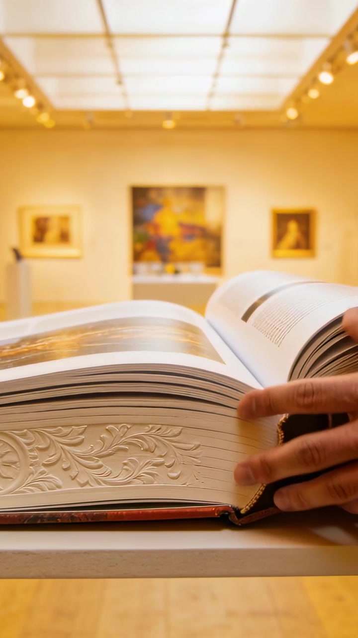 Video verticale: Mano che si posa e sfoglia pagine di un libro ornato su un piedistallo da galleria, esaminando riproduzioni.
