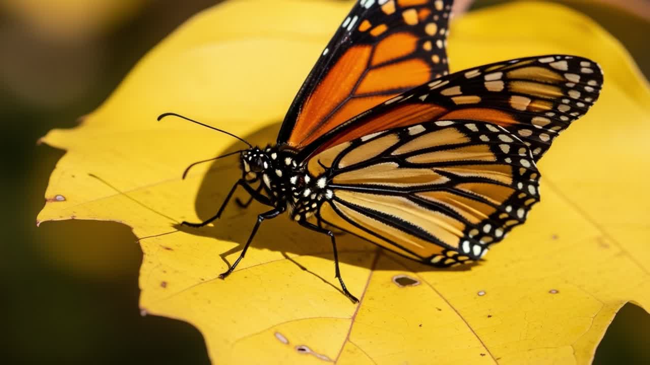 A Monarch Butterfly Resting Gracefully on a Vibrant Yellow Leaf, Showcasing Its Striking Orange and Black Wing Patterns Amidst a Serene Natural Setting