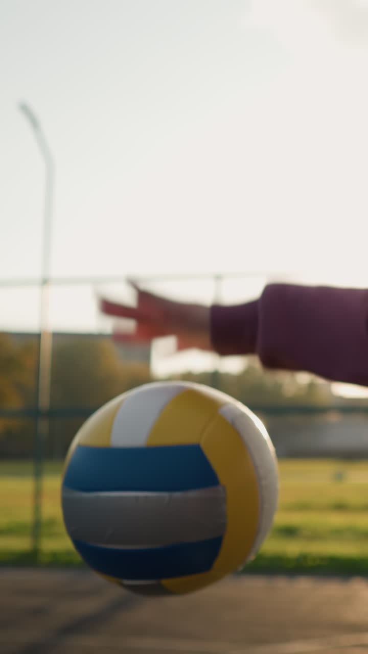 뒷면과 초록색에서 아름다운 빛을 만드는 빛과 함께 야외에서 배구 공을 뛰는 여성의 근접 측면 뷰, 활동적인 생활 방식과 야외 스포츠를 보여줍니다.