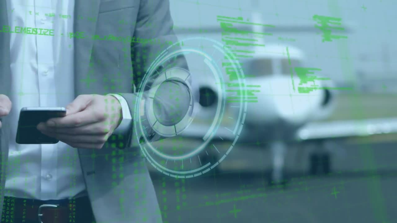 animación del procesamiento de datos sobre un empresario caucásico en el aeropuerto