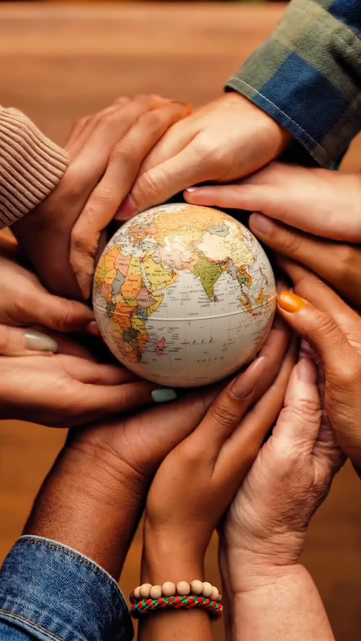 Top-down video of diverse hands holding a globe, symbolizing unity and global connection