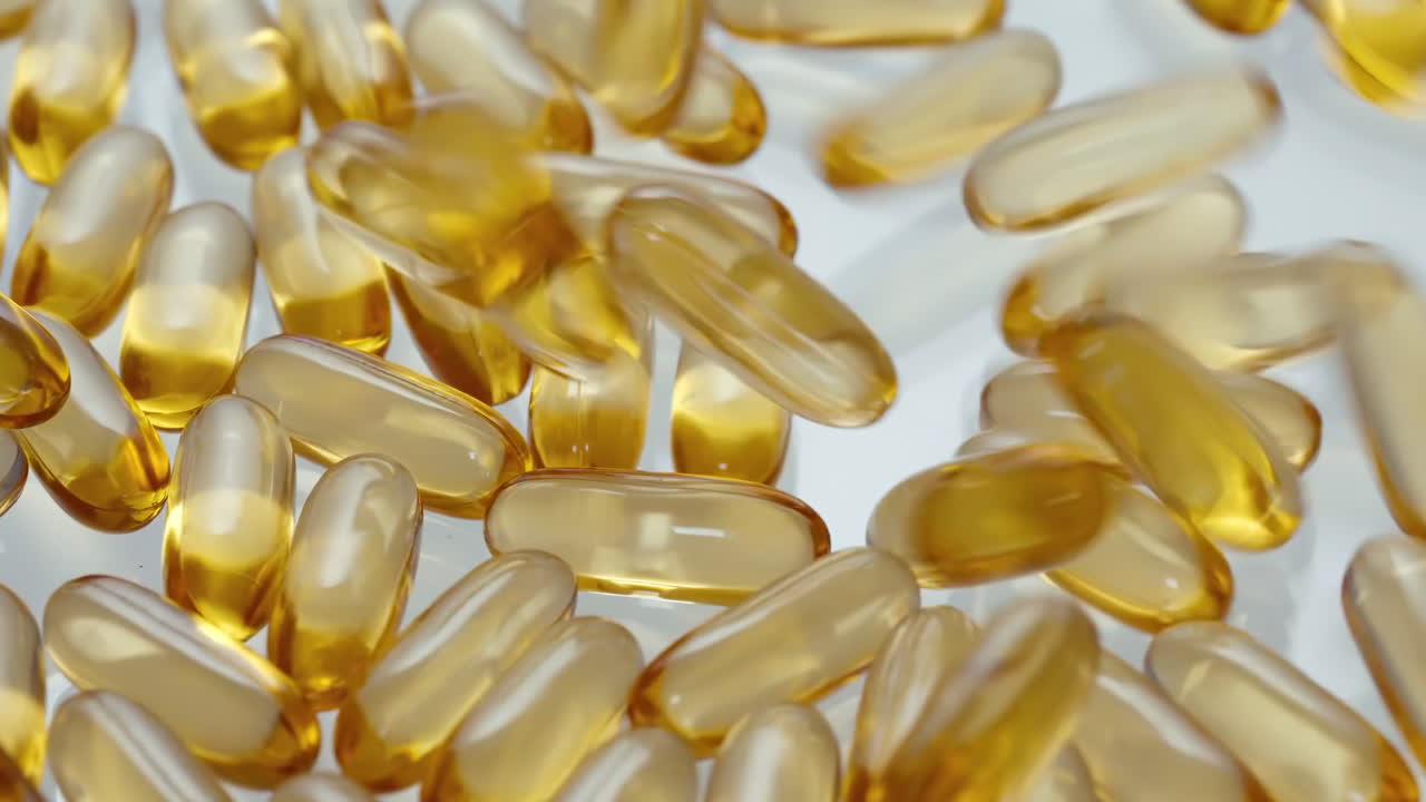 Capsule dorate di integratori farmaceutici che cadono, olio di vitamina D o softgel omega-3 che rimbalzano su una superficie riflettente. Concetto di prodotto premium per la salute e il benessere