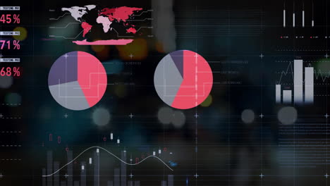 Animation-of-statistic-charts-and-data-processing-over-blurred-street-with-driving-cars