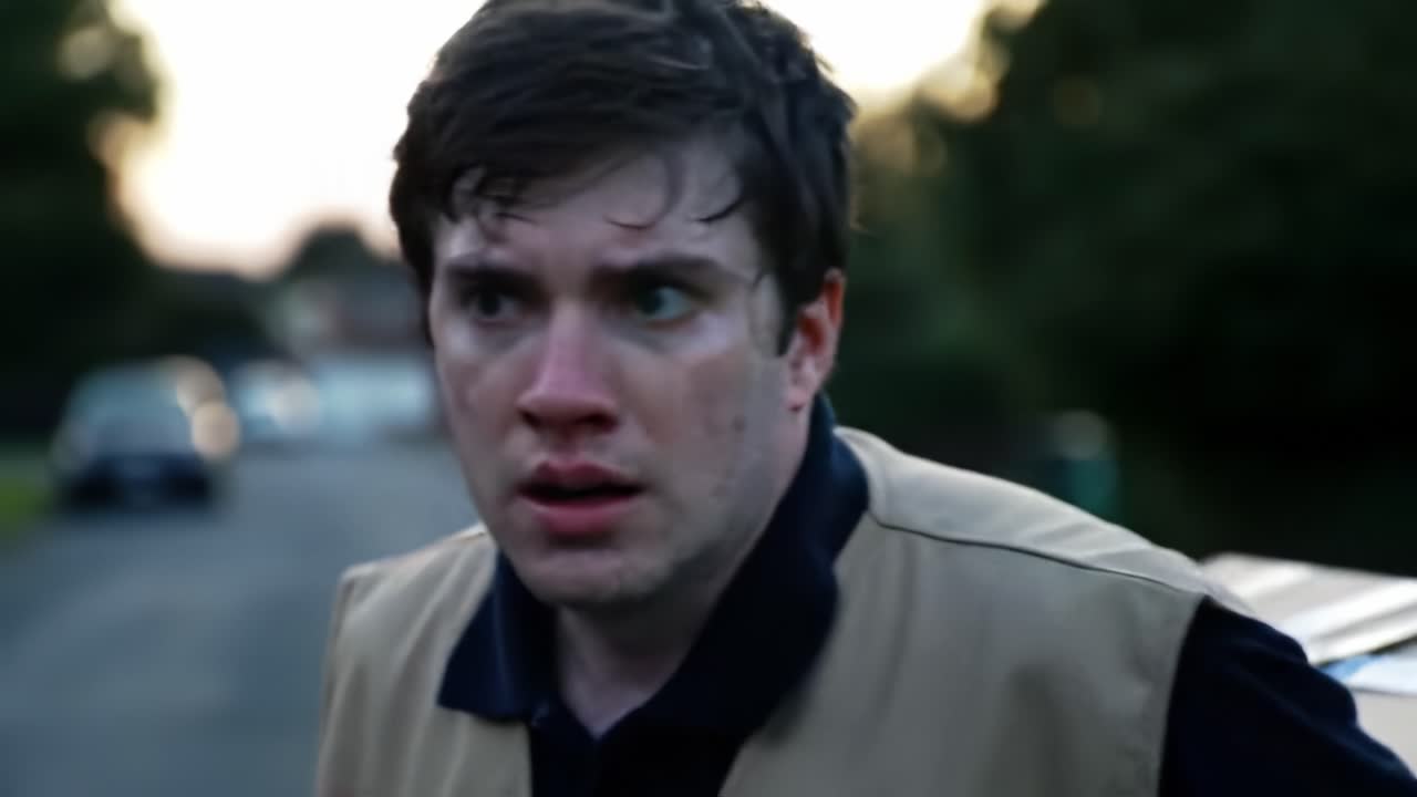A tense moment unfolds on a deserted street as a distressed young man, drenched in sweat and fear, navigates a looming threat in the encroaching dusk.