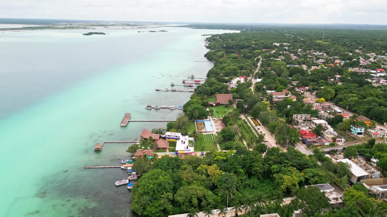 Scenic aerial view of Bacalar, Mexico with lush greenery and clear water