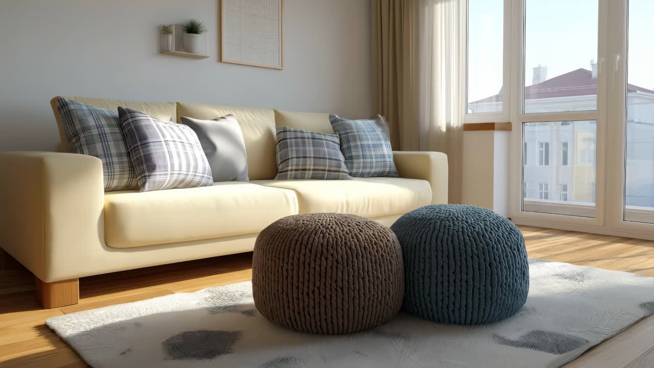 Moderne beige sofa med strikket puf ved vinduet