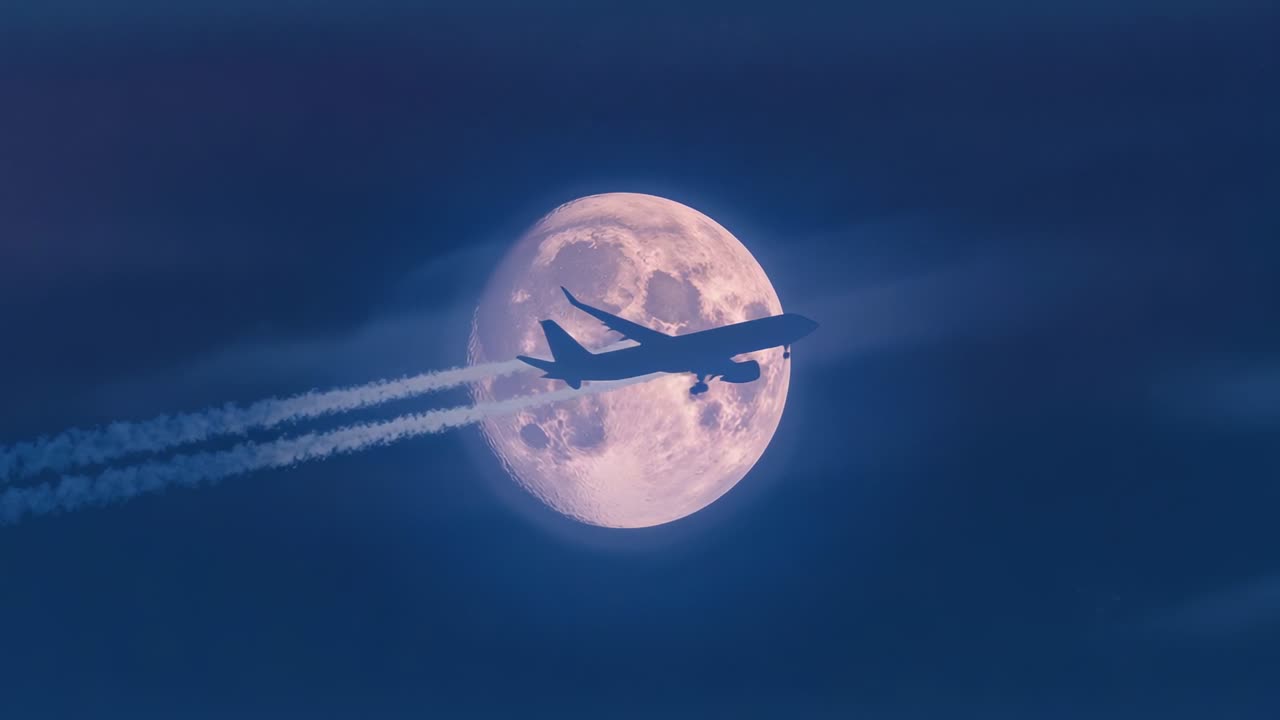 Entering shot jet silhouette streaming contrails across full moon in night sky, moon transit