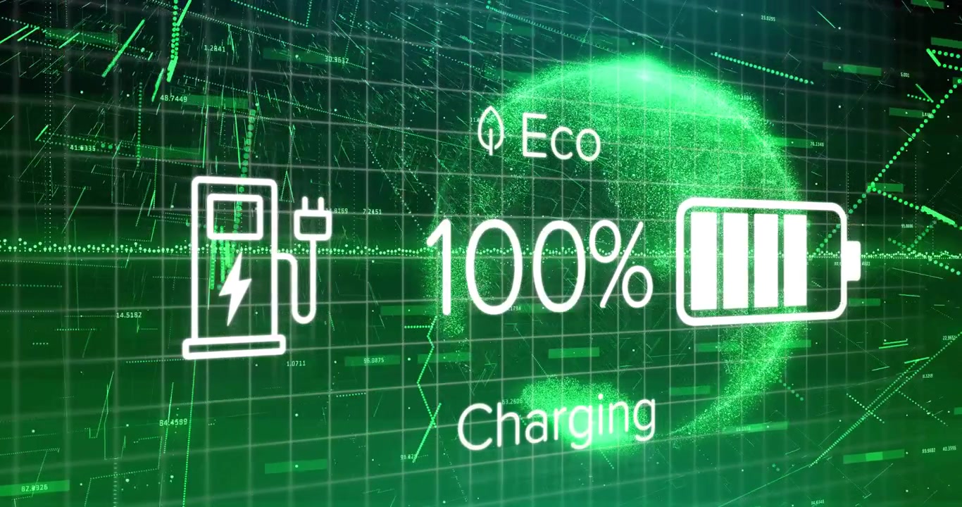 Spina che collega il caricabatterie, avviando la ricarica ecologica della batteria, con la rete che si sposta e una sfera pulsante che si scarica.