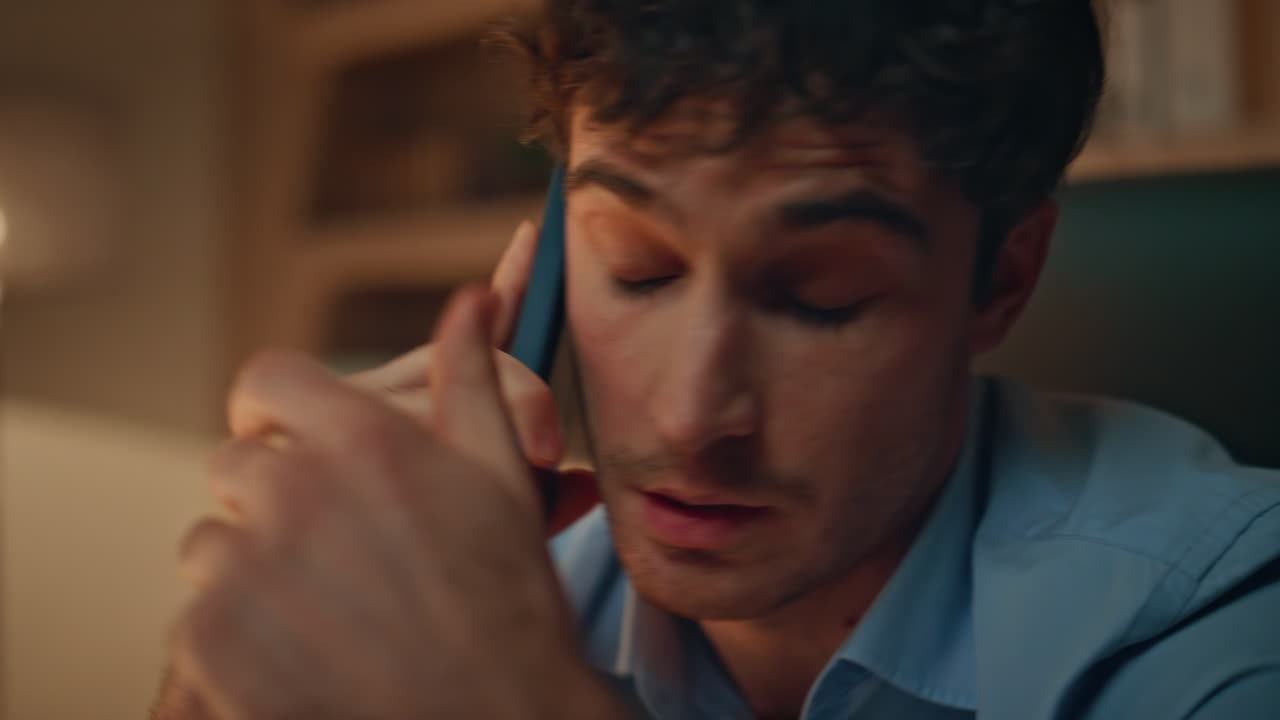 Displeased manager calling service support worried problem in office close up.