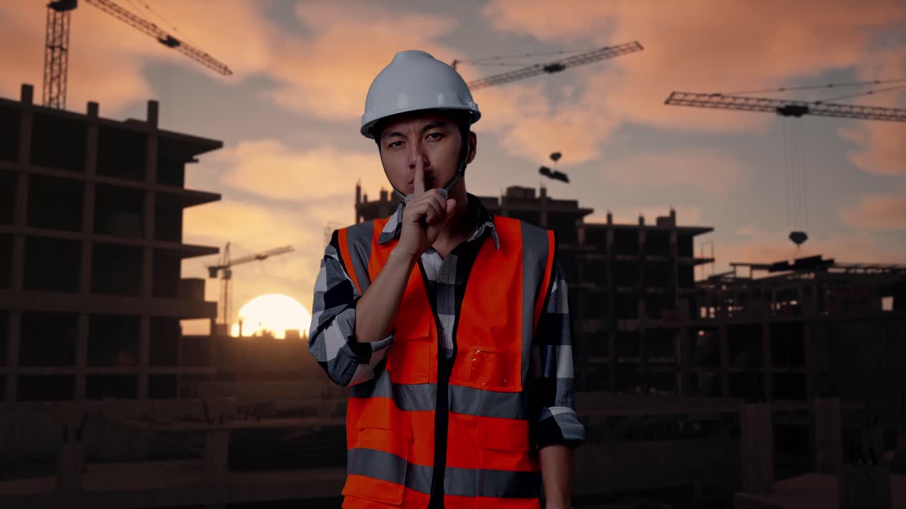 Asian Male Engineer With Safety Helmet Making Shh Gesture While Standing At Building & Construction Site in Progress to New House