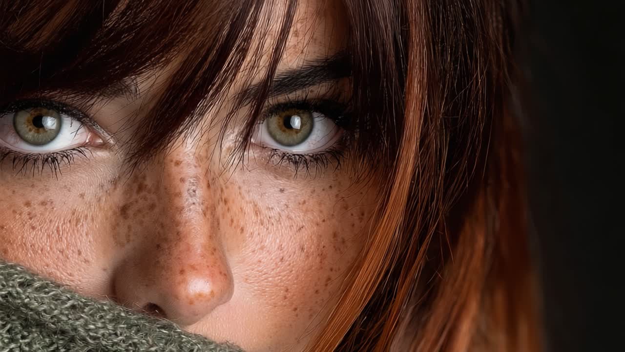 Stunning Close-Up of a Mysterious Beauty with Freckles and Striking Eyes Wrapped in a Cozy Fabric, Captured in Two Distinct Frames Highlighting Different Expressions