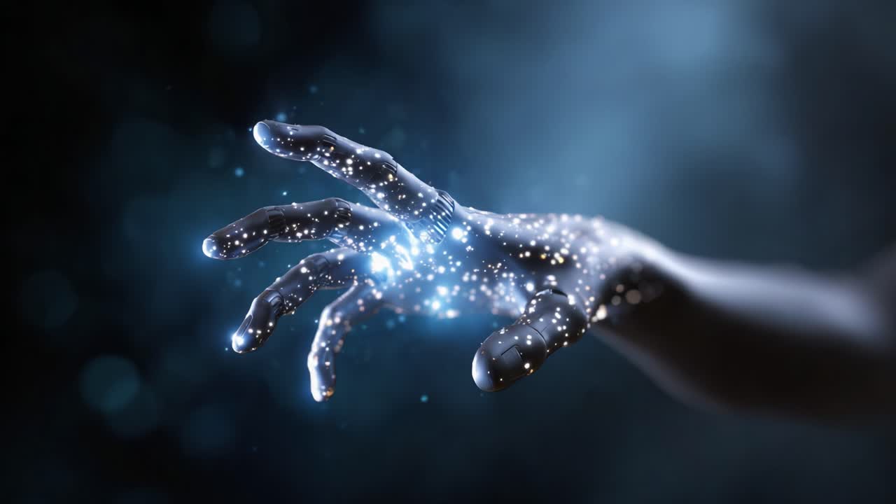 Una magica trasformazione di energia: da una mano cosmica tesa a un pugno chiuso circondato da stelle scintillanti e luce misteriosa in un enigmatico ambiente oscuro
