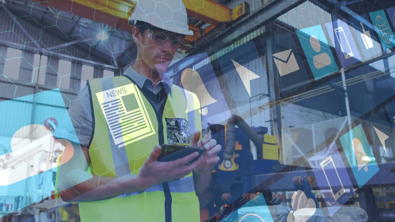 Using smartphone, construction worker with hard hat over digital icons animation