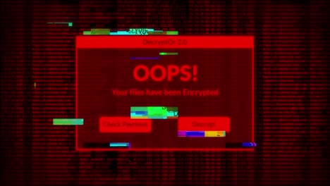 oops! you files have been encrypted computer hacker warning message over red computer binary background