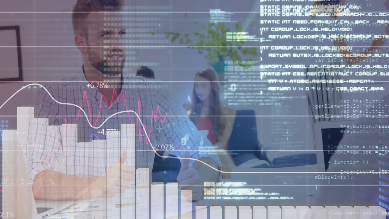 animación de gráficos y lenguaje informático sobre socios masculinos caucásicos estrechando la mano en la oficina