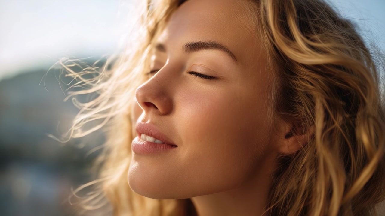 Momento sereno: una giovane donna con lunghi capelli ricci si gode la dolce carezza del vento sul viso, irradiando gioia e contentezza in uno sfondo sfocato