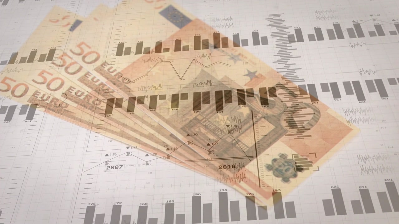 Single 50 euro note entering corner, sweeping into fanned stack showing dense charts financials