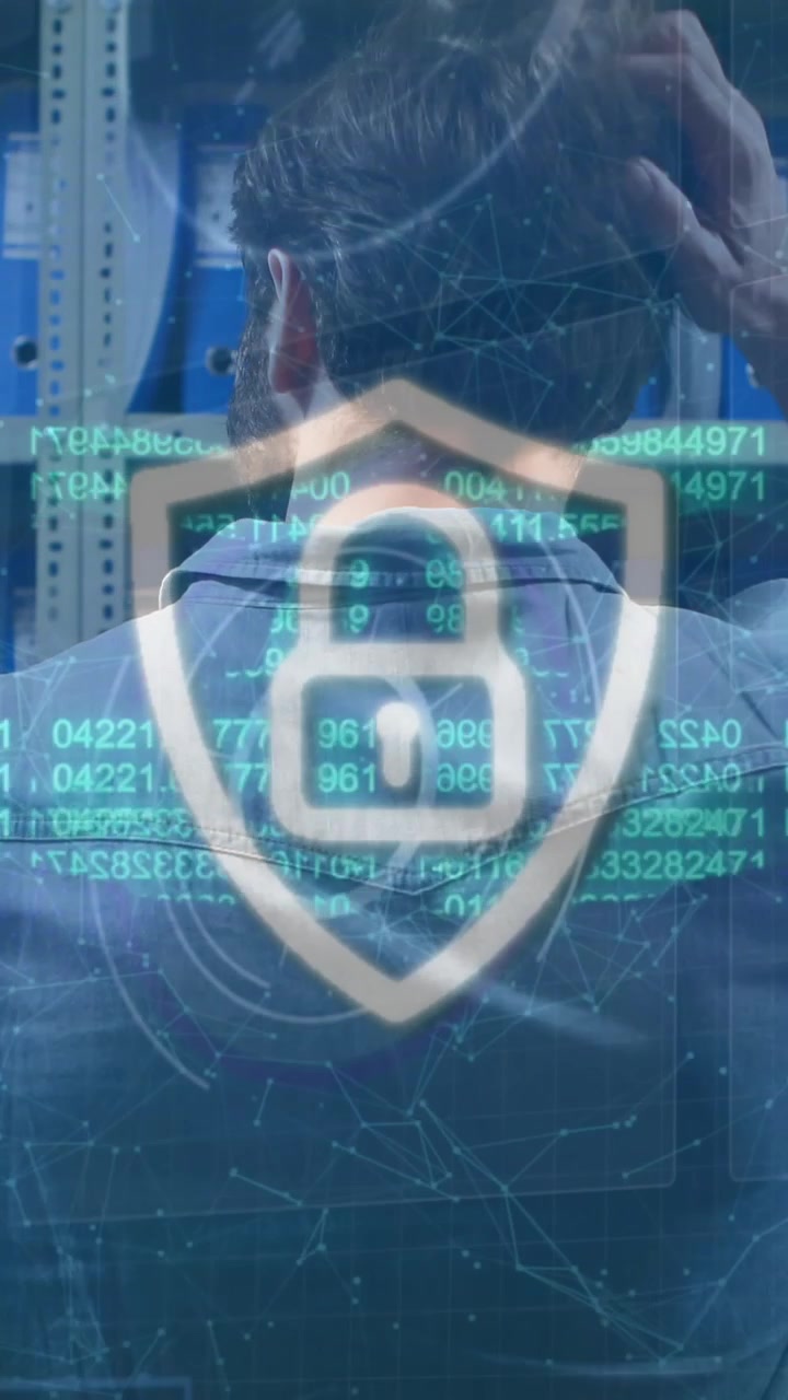 Animation of padlock in shield, blockchain, rear view of confused caucasian man looking at files