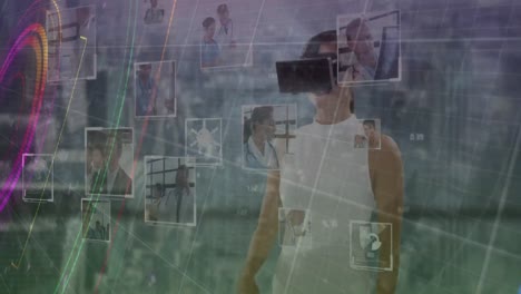 Globus-Des-Netzwerks-Von-Verbindungen-Gegen-Eine-Frau,-Die-Ein-VR-Headset-Trägt-Und-Einen-Futuristischen-Bildschirm-Berührt
