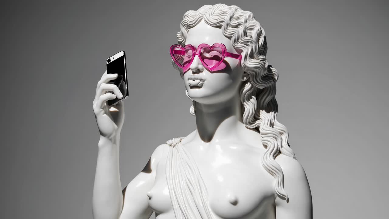 White marble statue wearing heart-shaped pink sunglasses holds smartphone, showcasing a playful blend of classic art and modern technology in a captivating scene