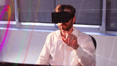 Light-trails-over-scope-scanner-against-caucasian-man-gesturing-while-wearing-vr-headset-at-office