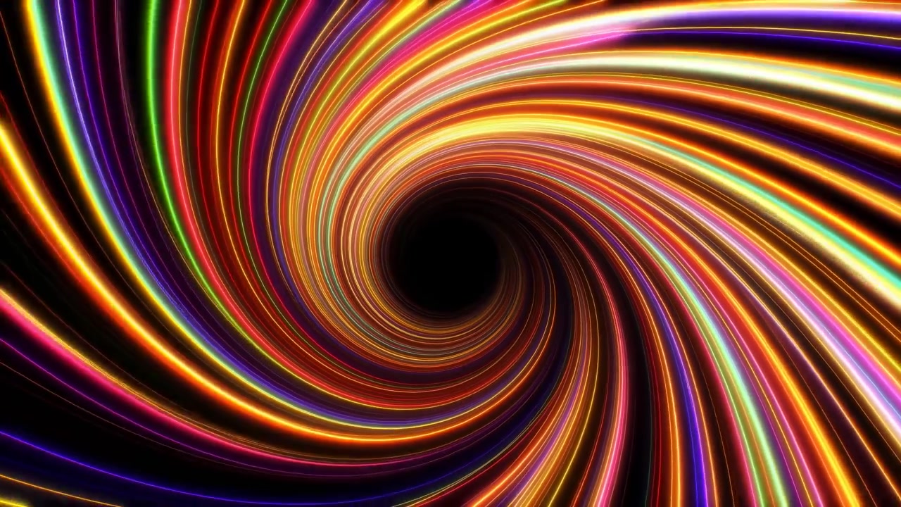 Spirale concentrica di nastri luminosi multicolori lucidi si restringe verso un'apertura centrale scura, con bordi luminosi e illuminati, curve stratificate, contrasto vivido e una forte profondità radiale che crea