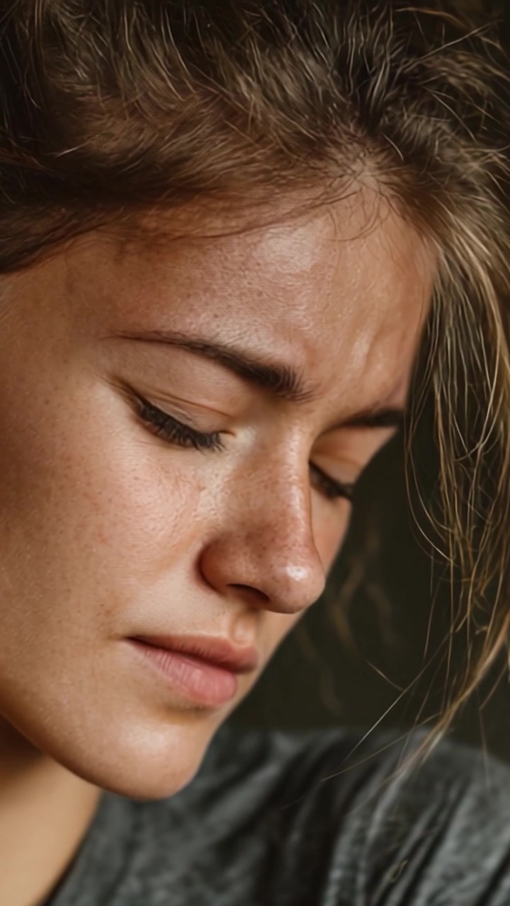 A Close-Up Portrait Capturing Deep Emotion and Introspection in Natural Light, Highlighting Expressive Facial Features and Genuine Human Experience