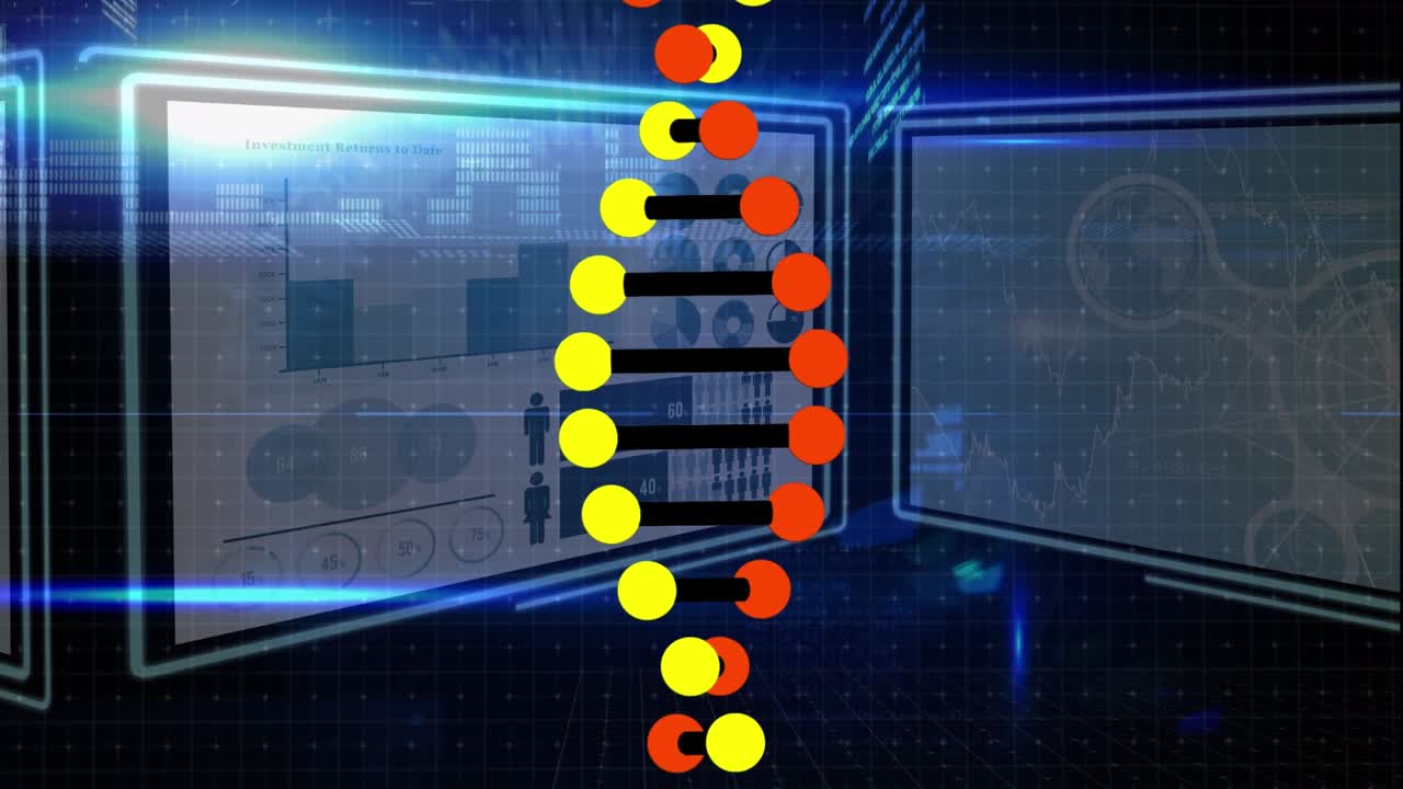 Animation of dna over digital screens with diverse data in digital space