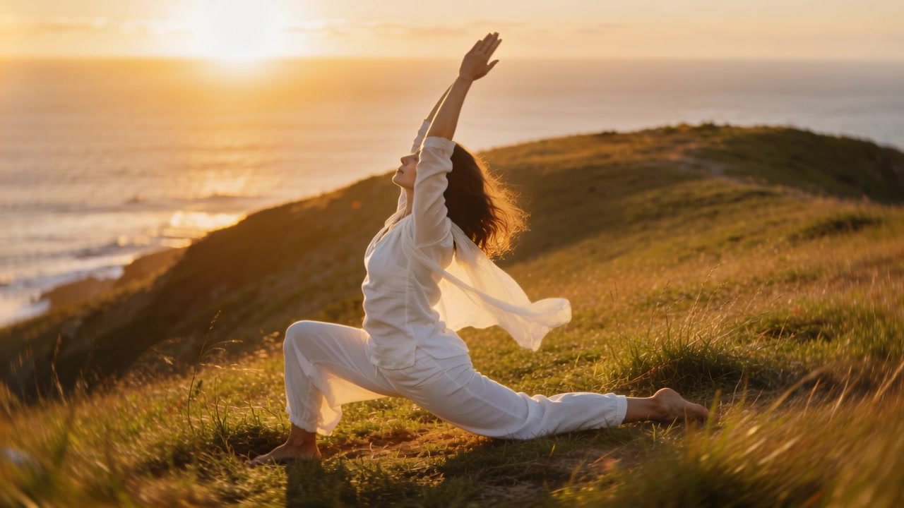 Una donna fluida in bianco che fa yoga da una posizione di affondo basso, allungandosi verso l'alto su una collina costiera al tramonto, con la sciarpa che ondeggia.